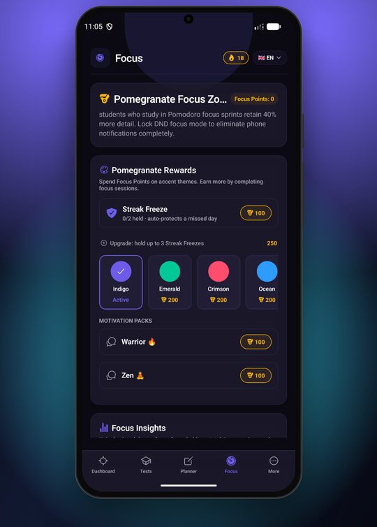 Focus screen with Pomodoro rewards, streak freezes and focus themes