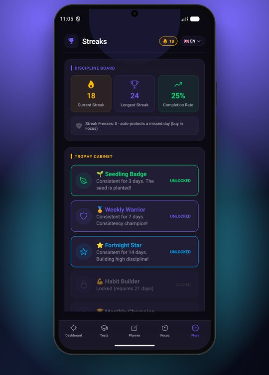 Streaks screen with current and longest streak and a trophy cabinet of unlocked badges