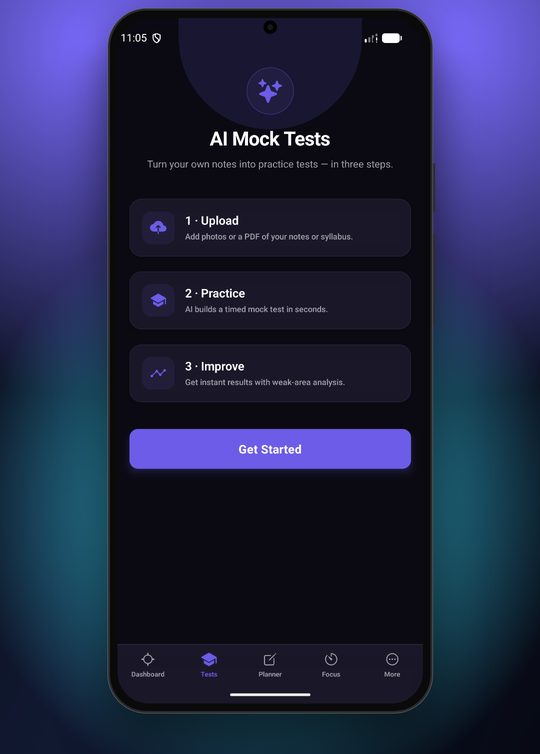 AI Mock Tests screen in the app: upload your notes, practise a timed test, then improve with weak-area analysis