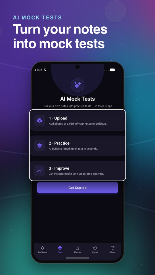 AI Mock Tests screen with the upload, practise and improve steps