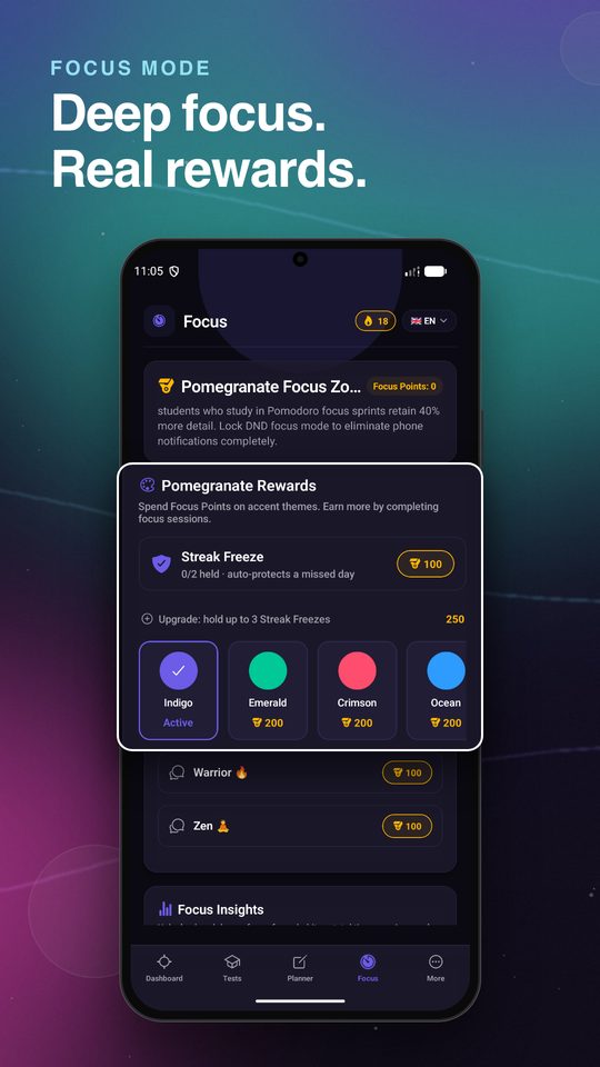 Focus screen with rewards, streak freezes and accent themes