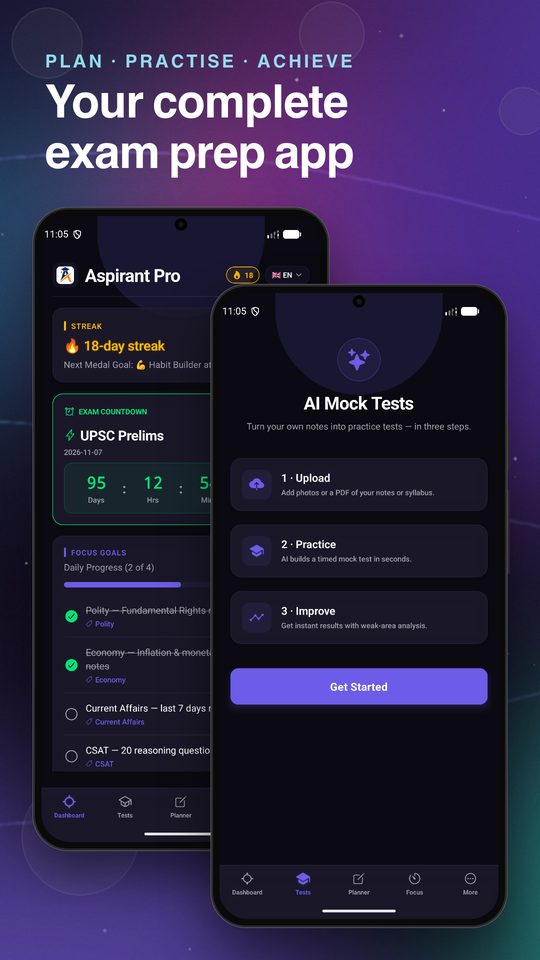 Aspirant Pro dashboard and AI Mock Tests screens side by side